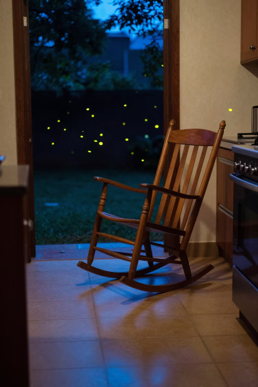 Rocking Chair on Porch with Fireflies Evening in in a cozy kitchen in Pune