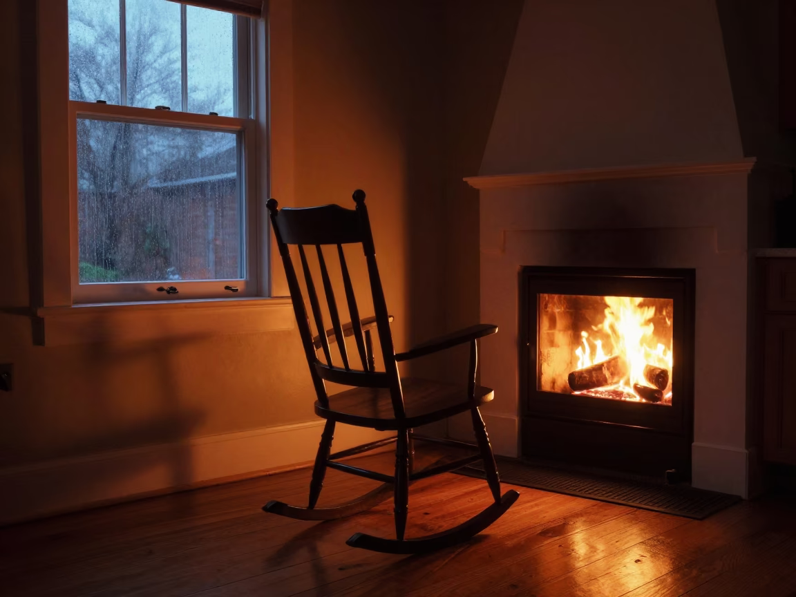 Silhouetted Rocking Chair by Fireplace in Kingston Kitchen in in a cozy kitchen in Kingston