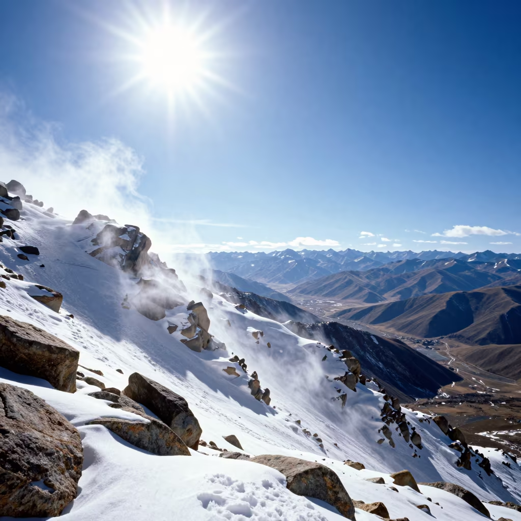 Rocky Mountain Pass Snowstorm Lhasa Valley Afternoon in at a rocky saddle overlooking a mountain valley near Lhasa