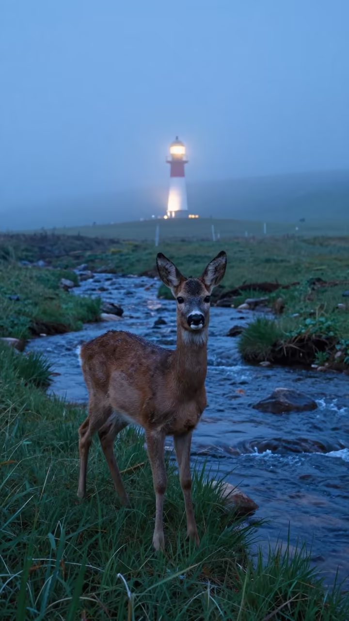 Roe Deer Fawn in Dawn Fog in above a glacial stream in Shaanxi