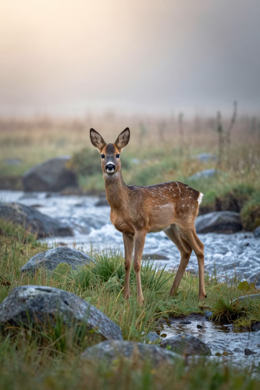 Roe Deer Fawn in Monsoon Fog at Dawn in above a glacial stream near Tikrit