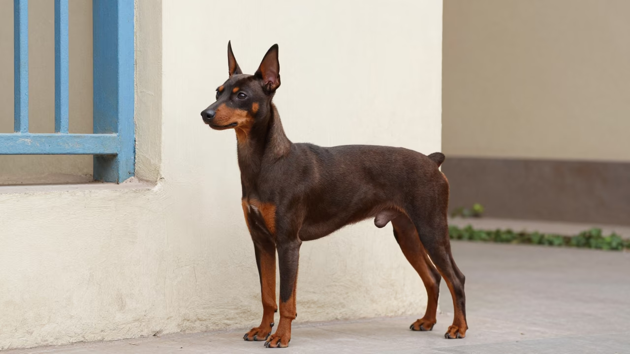 Rohtak Miniature Pinscher by Courtyard Wall in beside a plain courtyard wall in clear daylight with the animal at eye level in Rohtak