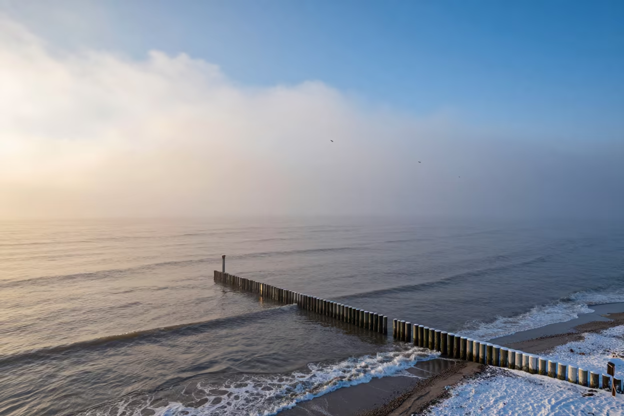 Roll Cloud Coastline Germany Snow Sunrise in through low marine fog in Germany