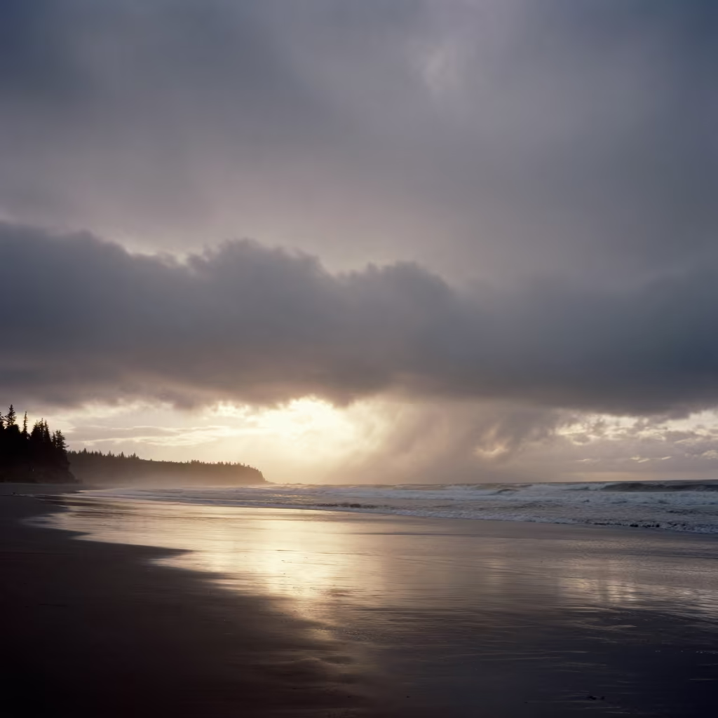 Roll Cloud Over Oregon Beach at Dawn in beneath fast-moving cloud bands in Oregon