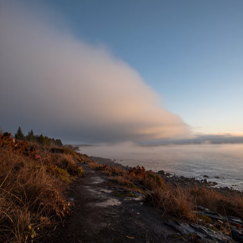 Roll Cloud Over Dawei Coast at Dawn in through low marine fog near Dawei