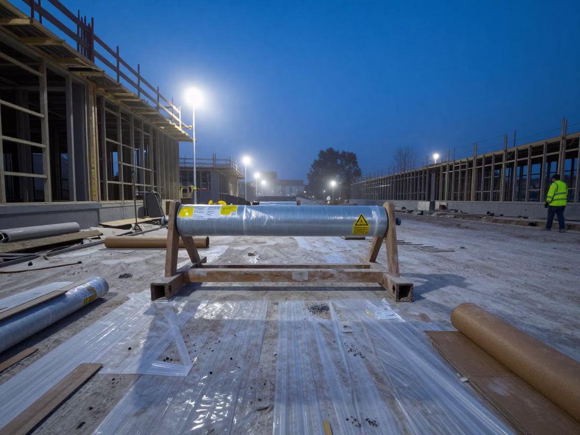 Roll Stand on Construction Site at Blue Hour in beside a framed building shell near Antalya