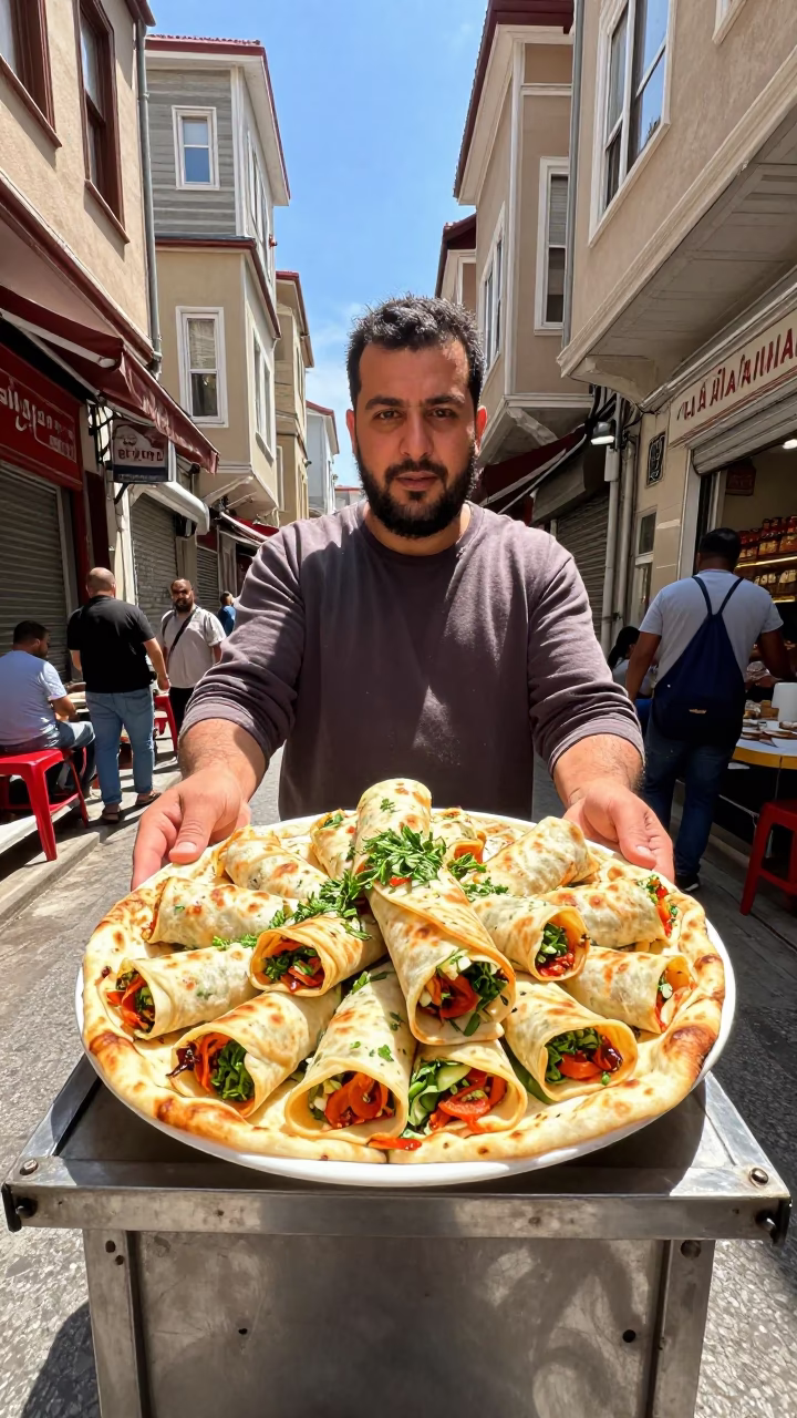 Rolled Lahmacun in Istanbul at The Flat Glare Of Noon Light in in Istanbul, Turkey
