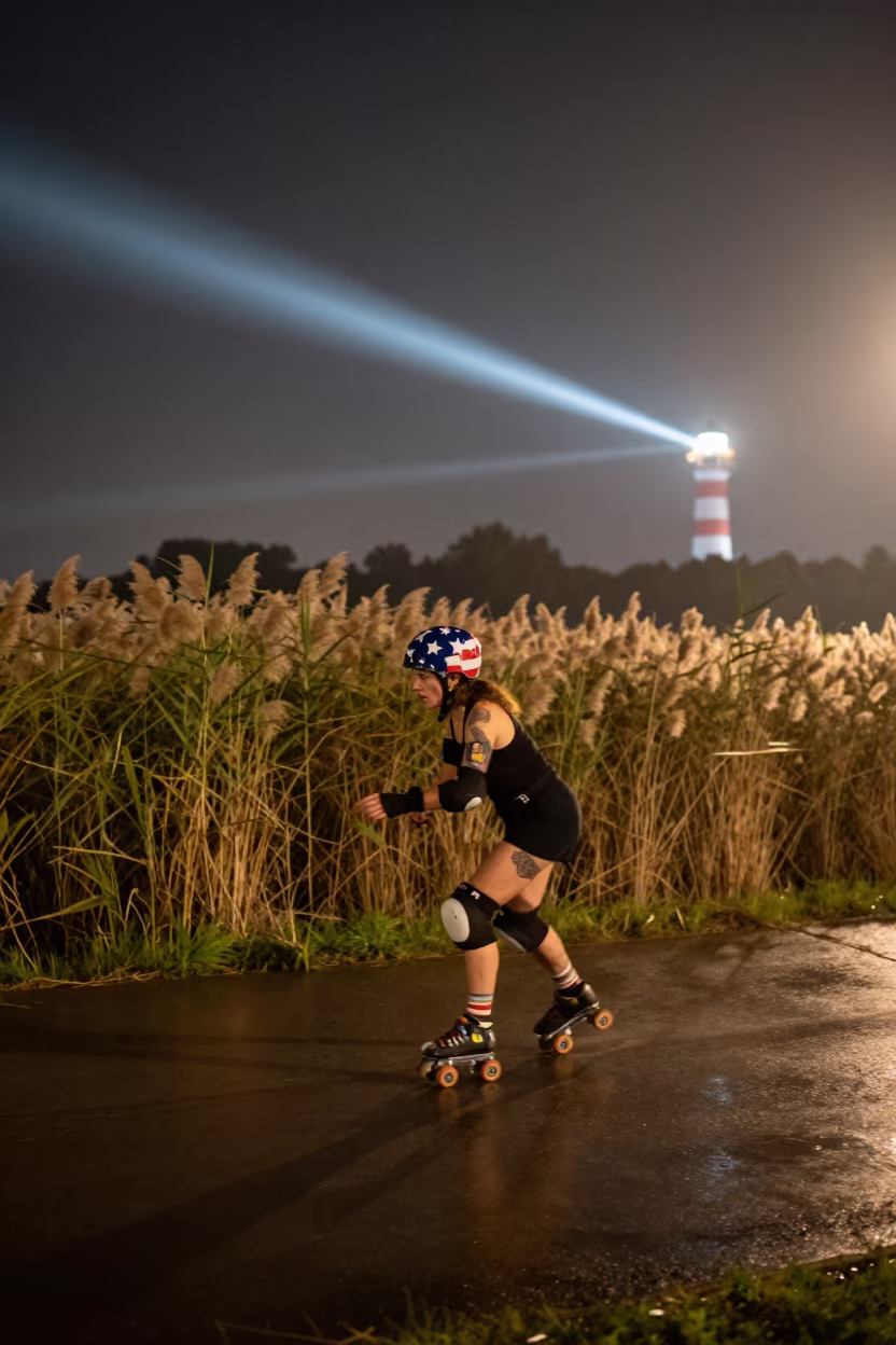 Roller Derby Jammer Sweeping Past Harbin Reeds in at the edge of a reed bed near Harbin