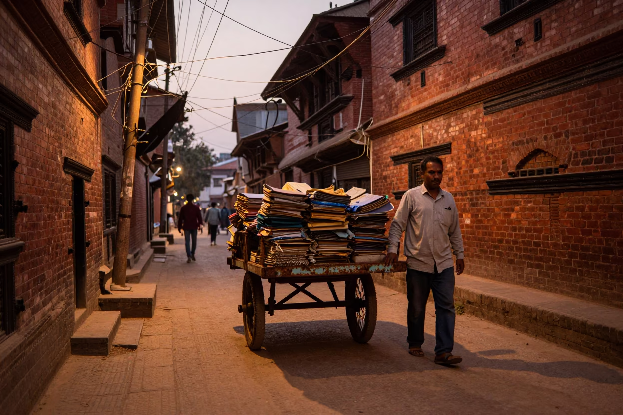 Rolling Carts in Kathmandu at Copper-toned Light Before Dusk in in Kathmandu, Nepal