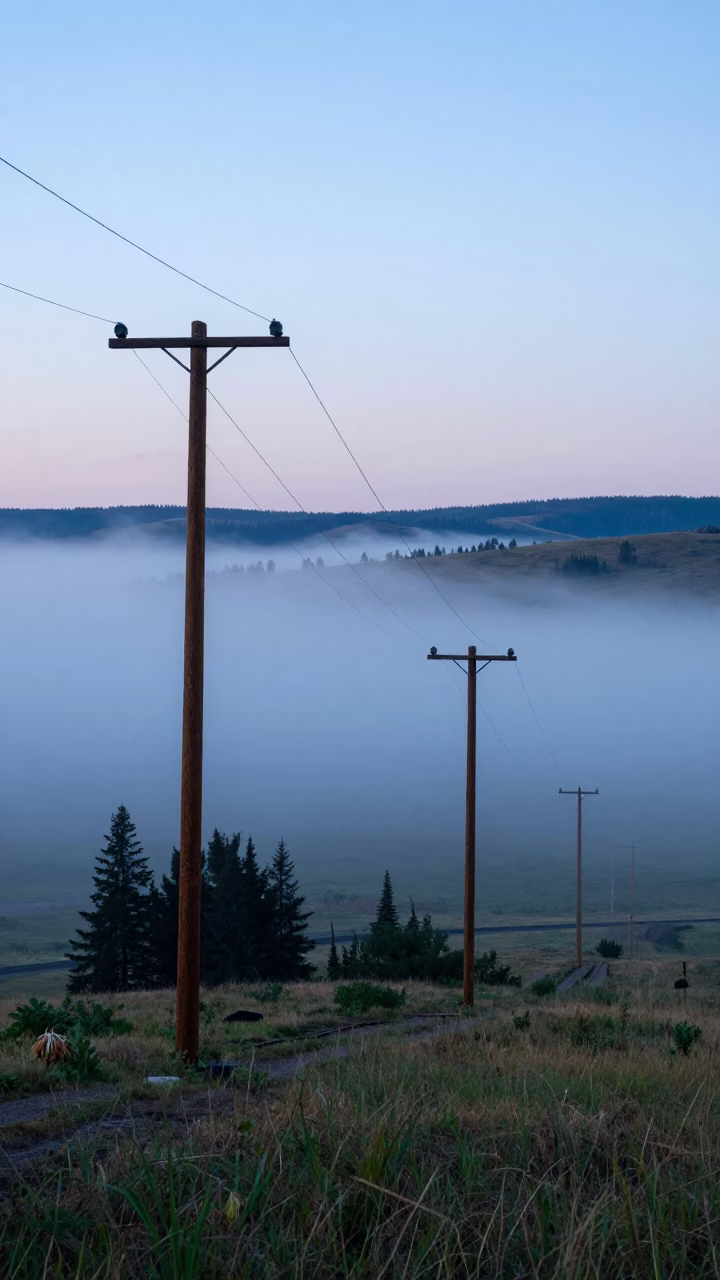 Rolling Fog Bank Beside Telegraph Poles in through low marine fog in Montana