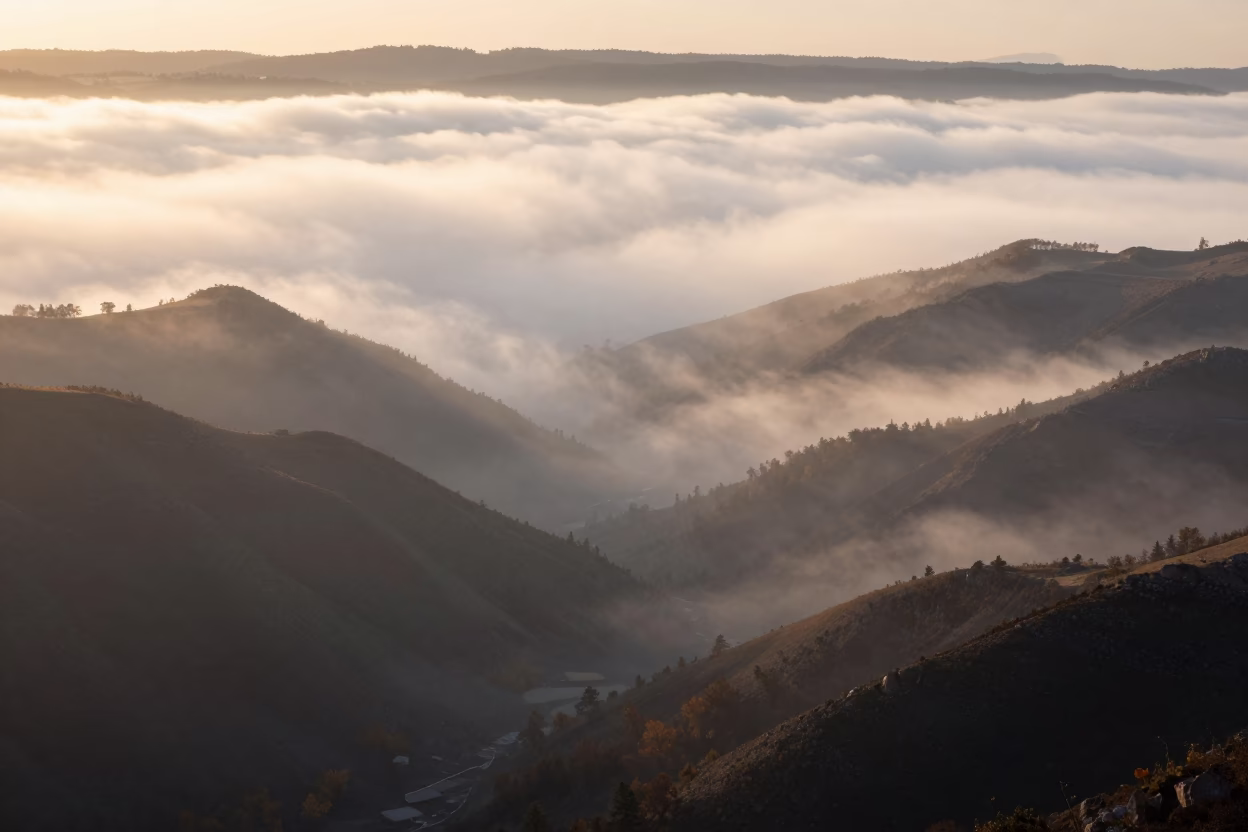 Rolling Fog Valley Sunrise Osaka Dawn in across a storm-bright plain near Osaka