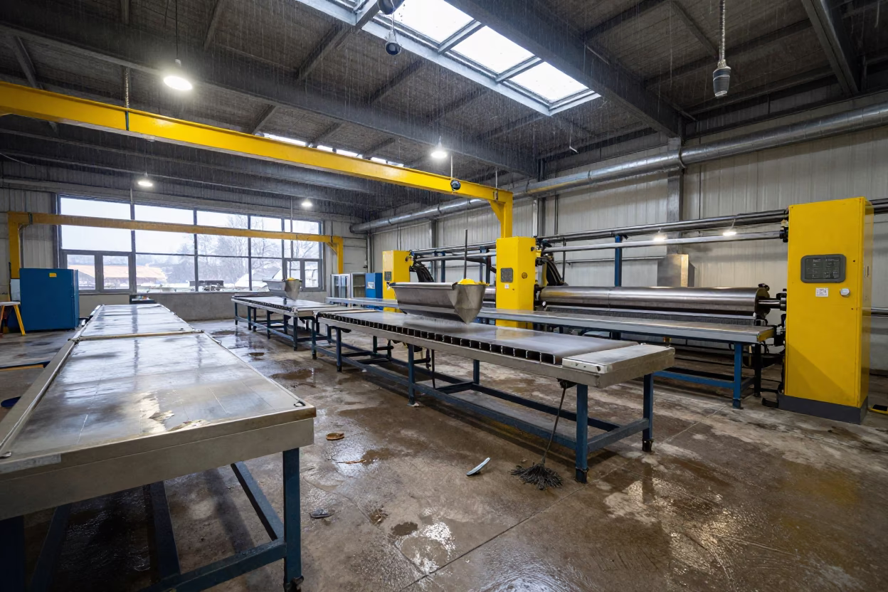 Rolling Ladle in Caucasus Bottling Hall in along a food-processing floor with sorting tables in the Caucasus