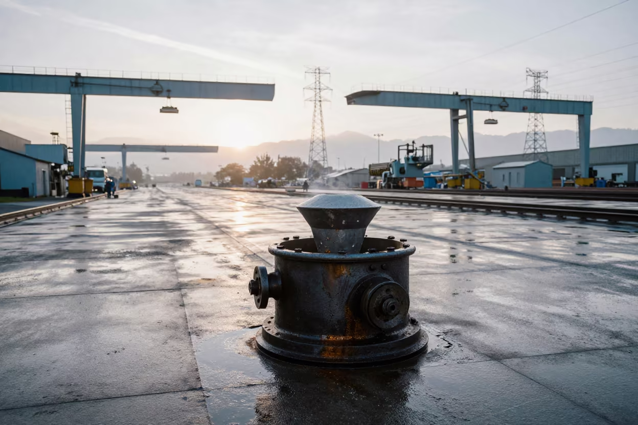 Rolling Ladle on Wet Shipyard Slab at Dawn in under gantries and utility towers near Queenstown