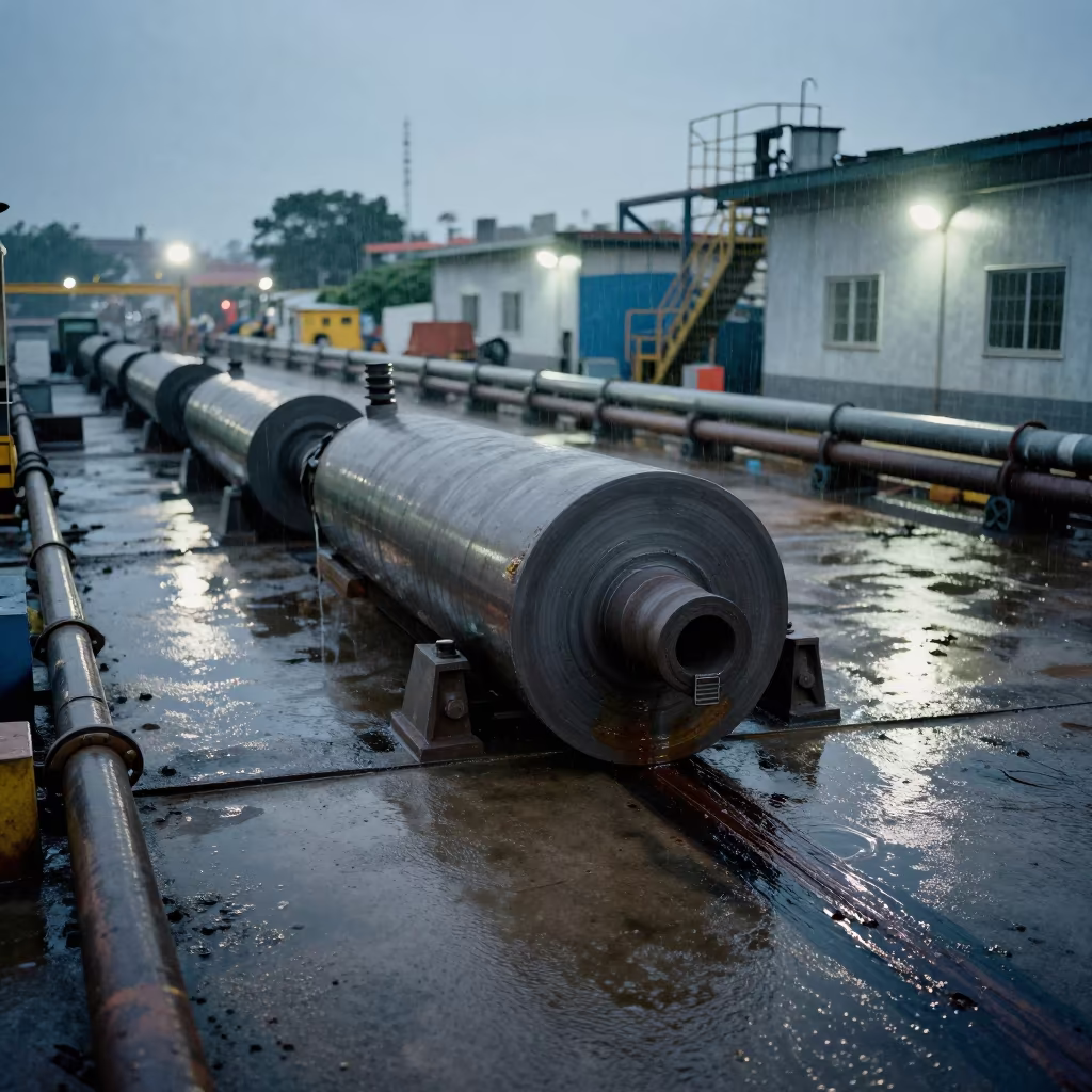 Rolling Ladle on Wet Shipyard Slab at Twilight in along a service road lined with pipes near Surat
