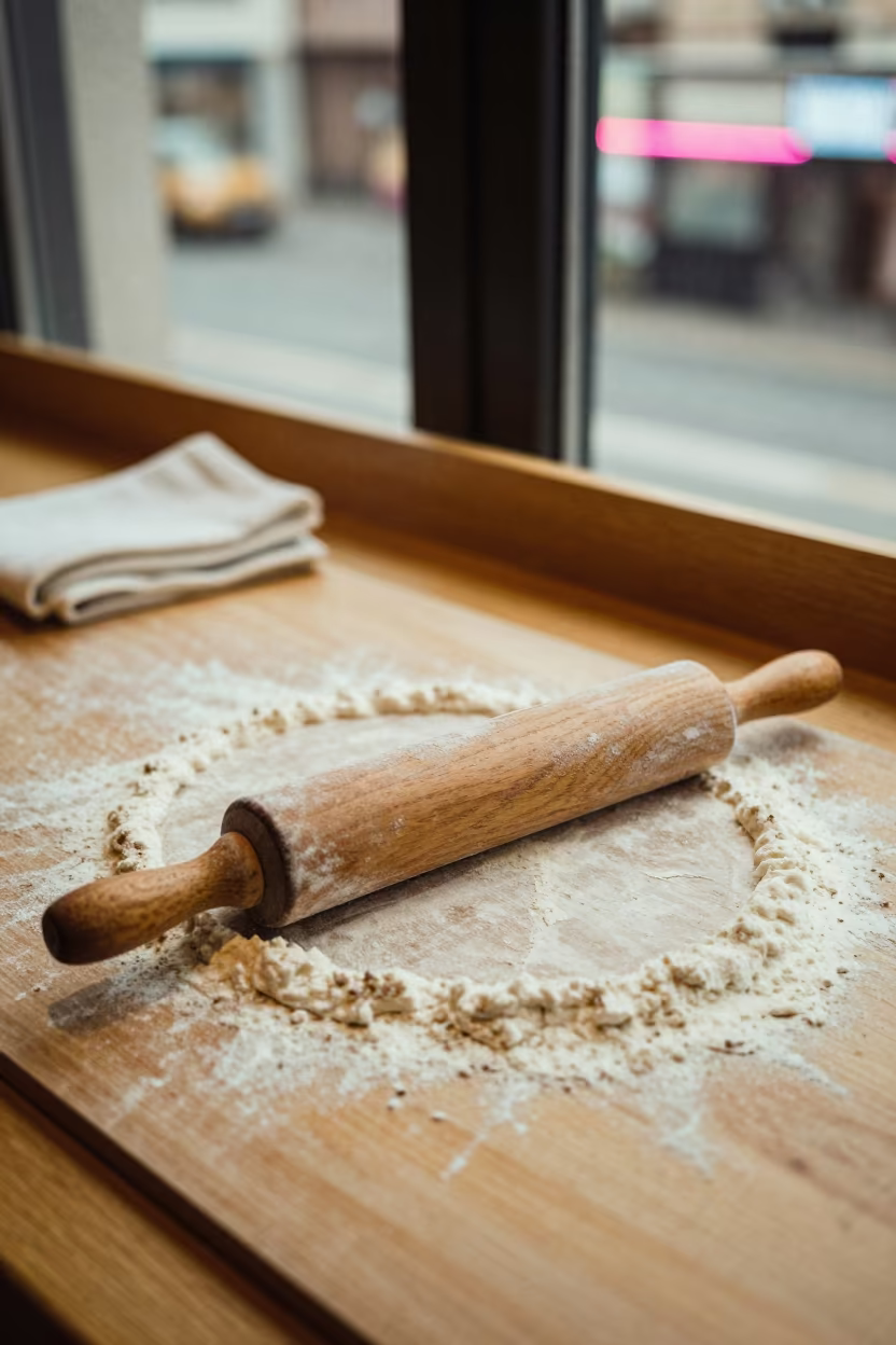 Rolling Pin on Flour Dust Near Bilbao Window in on a cafe table by a window near Bilbao
