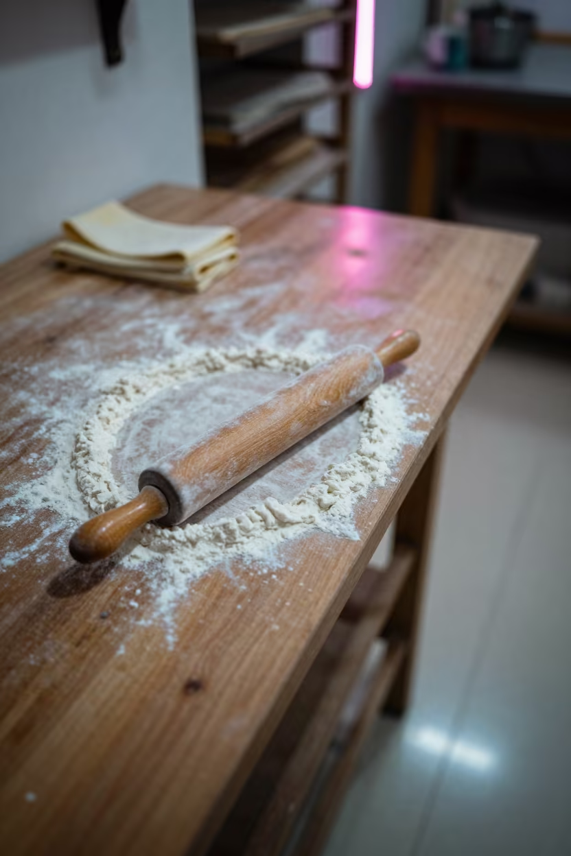 Rolling Pin Flour Dust Neon Light Prayagraj Shelf in on a workshop shelf in Prayagraj