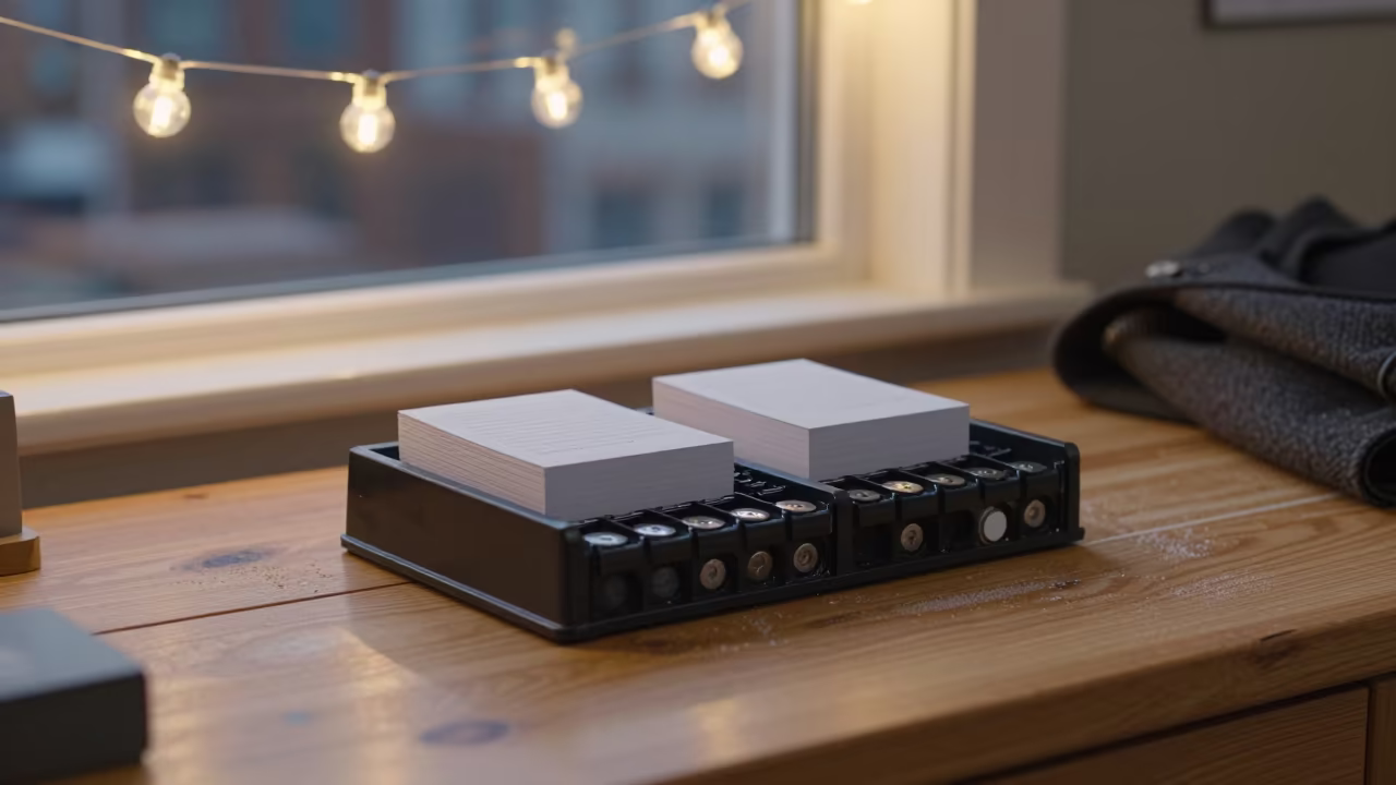 Rolodex on Halifax Desk Under String Lights in on a wooden workbench in Halifax