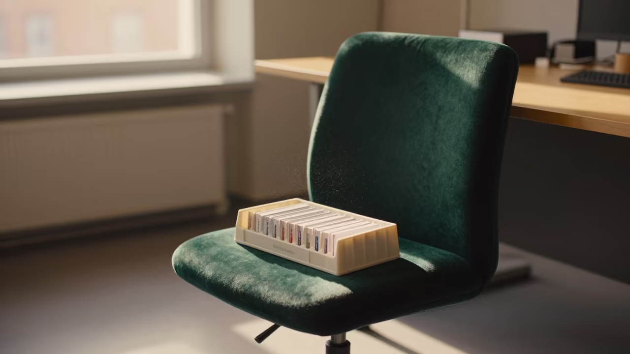 Rolodex on Velvet Chair in Stockholm Golden Hour in on a velvet chair in Stockholm