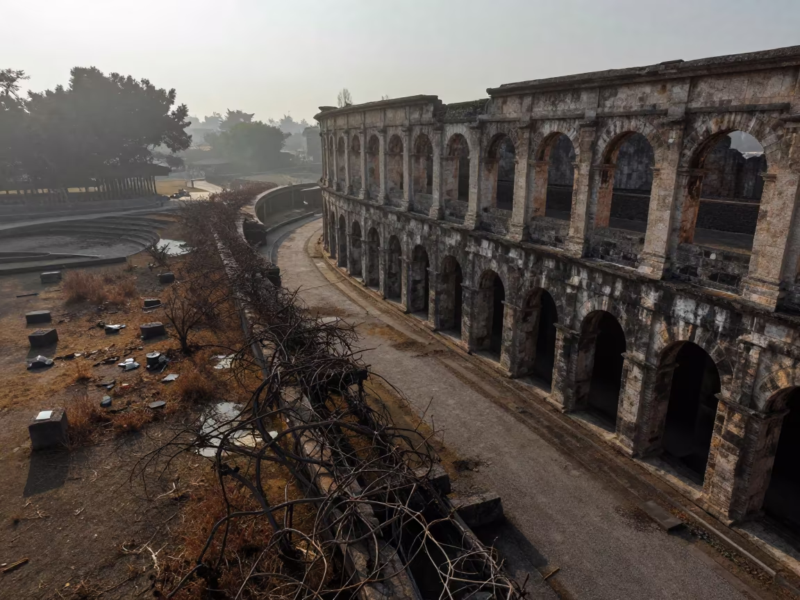 Roman Amphitheater Ruin Silhouetted in Tainan Fog in along a vine-choked corridor near Tainan