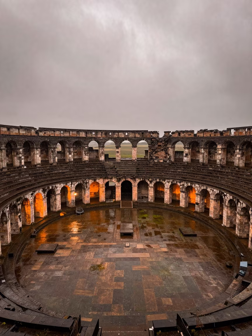 Rain on Roman Amphitheater Ruins Manitoba in inside a roofless nave in Manitoba