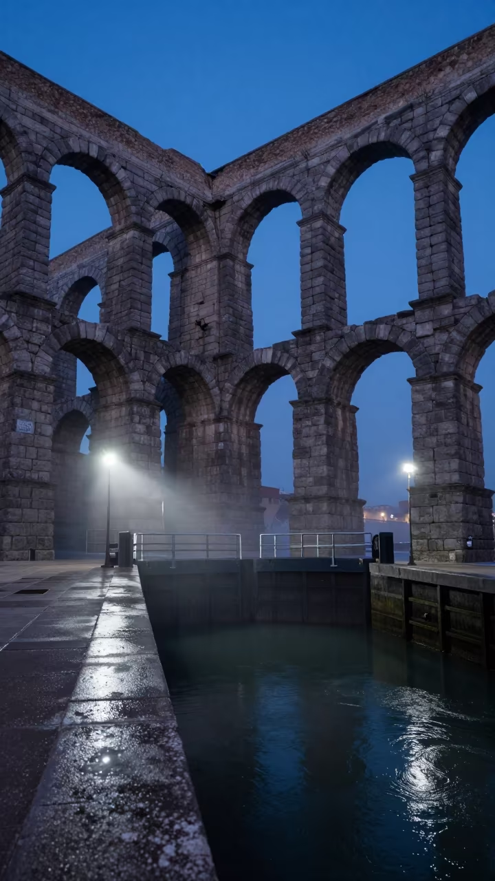 Roman Aqueduct Over Canal Lock in Blue Hour Fog in at a canal lock chamber near Zaria