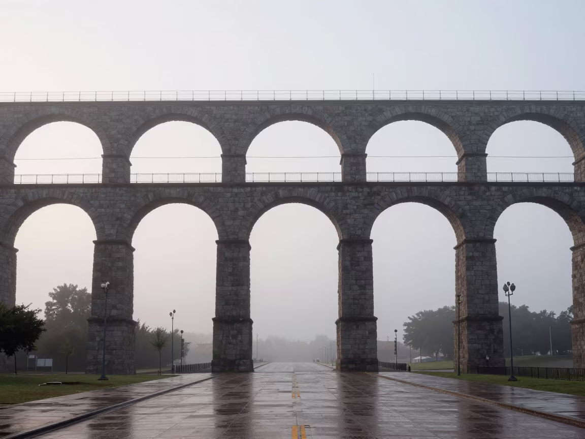 Roman Aqueduct Under Dallas Bridge at Dawn in under a cable-stayed bridge span in Dallas