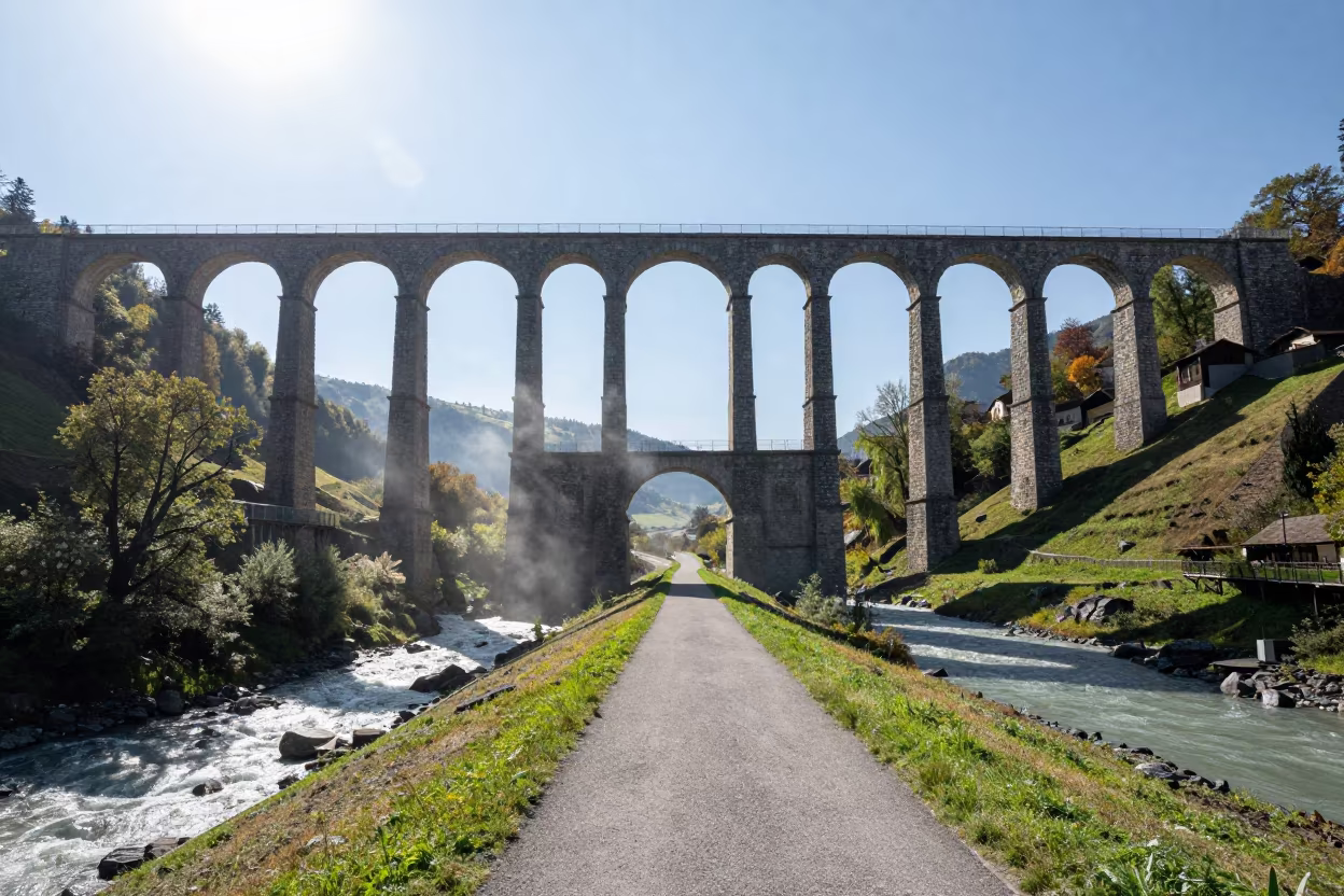 Roman Aqueduct Over Green Swiss Valley in along a levee path above floodwater in Switzerland