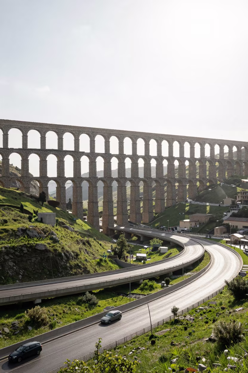 Roman Aqueduct Spanning Green Valley Near Leh in across a windy overpass interchange near Leh