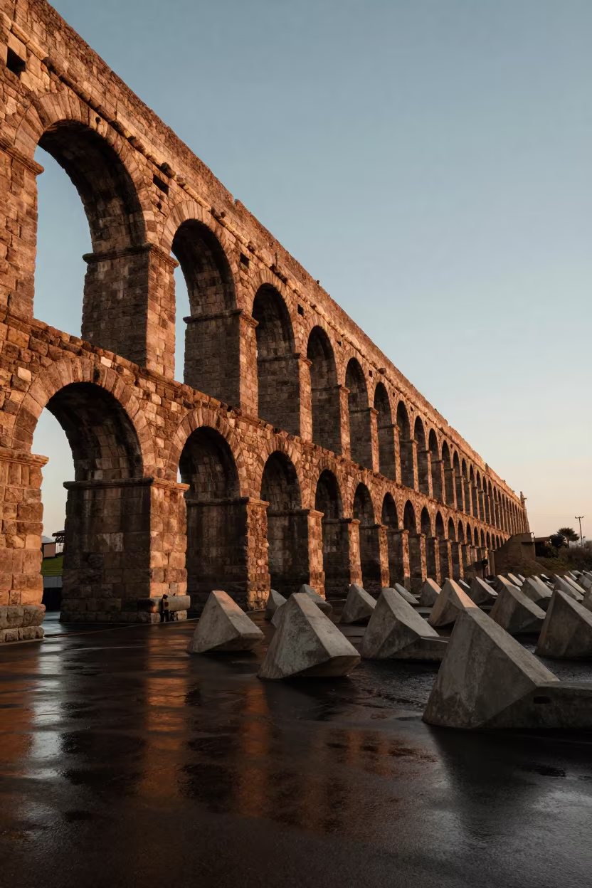 Roman Aqueduct Beside Storm Surge Barrier at Sunset in beside a storm surge barrier in Sheikh Othman