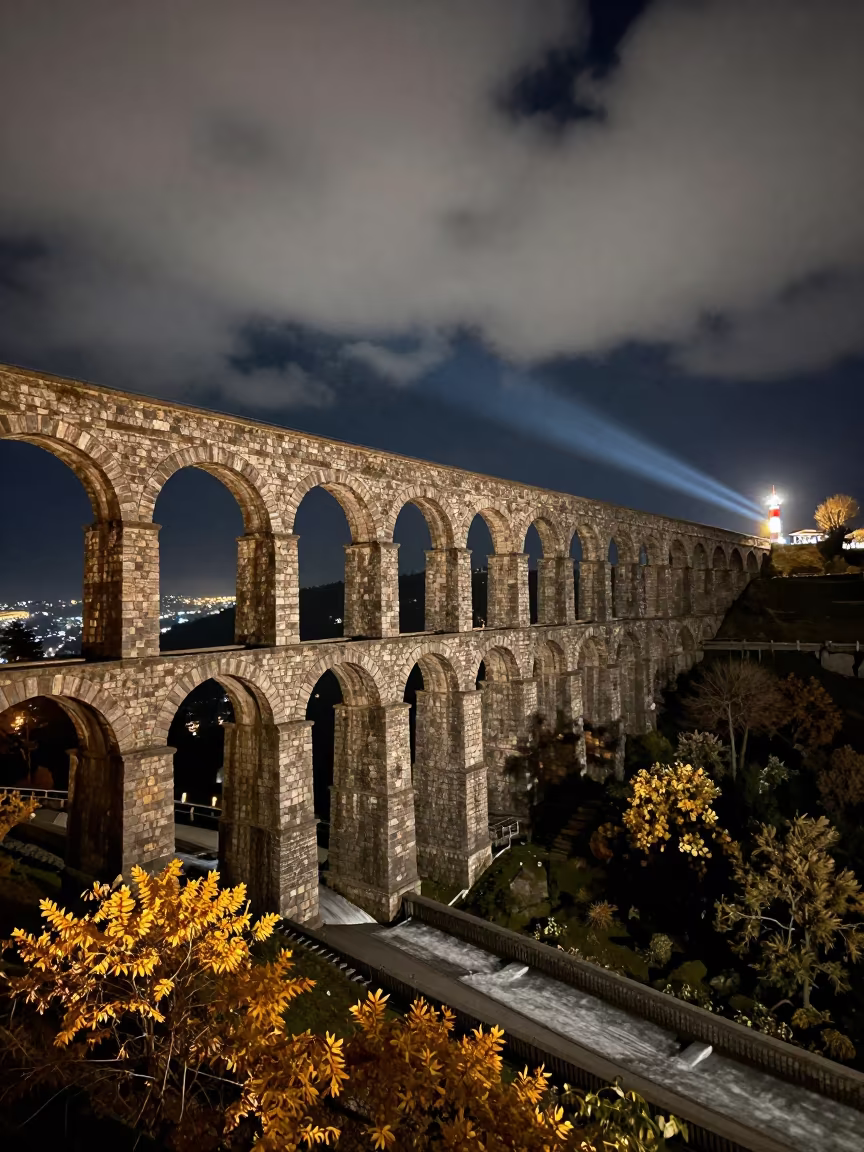 Roman Aqueduct Over Thimphu Valley at Night in along a dam spillway in Thimphu