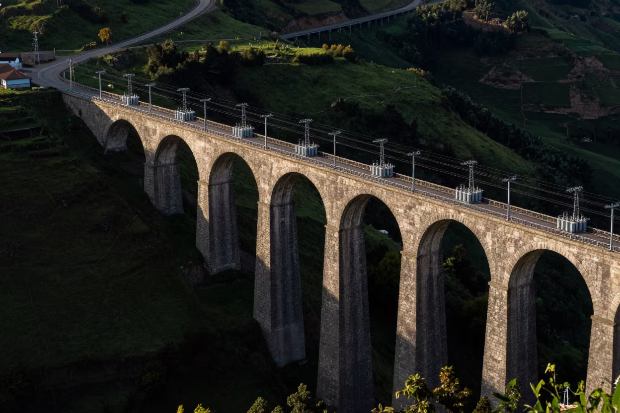 Roman Aqueduct Twilight Over Peru Interchange in across a windy overpass interchange in Peru