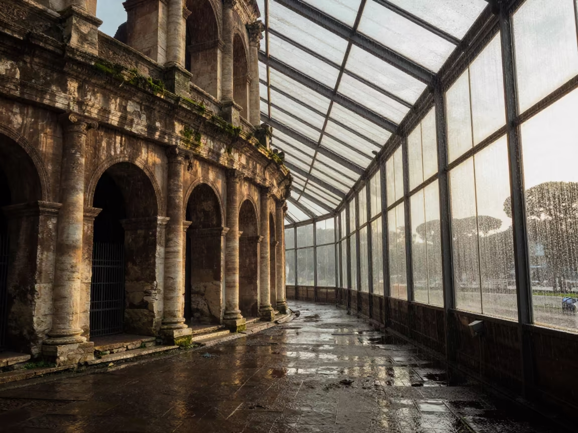Roman Arena in Glass Arcade After Sunrise in inside a glass-roofed arcade in Mancherial