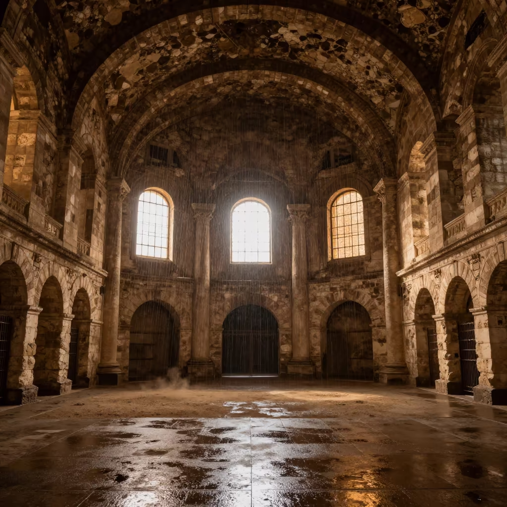 Roman Arena Night Drizzle Golden Light in inside a vaulted atrium in Touba
