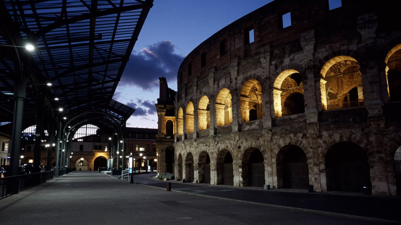 Roman Arena Silhouette in Winter Train Terminal in inside a restored train terminal in Alcalá de Henares
