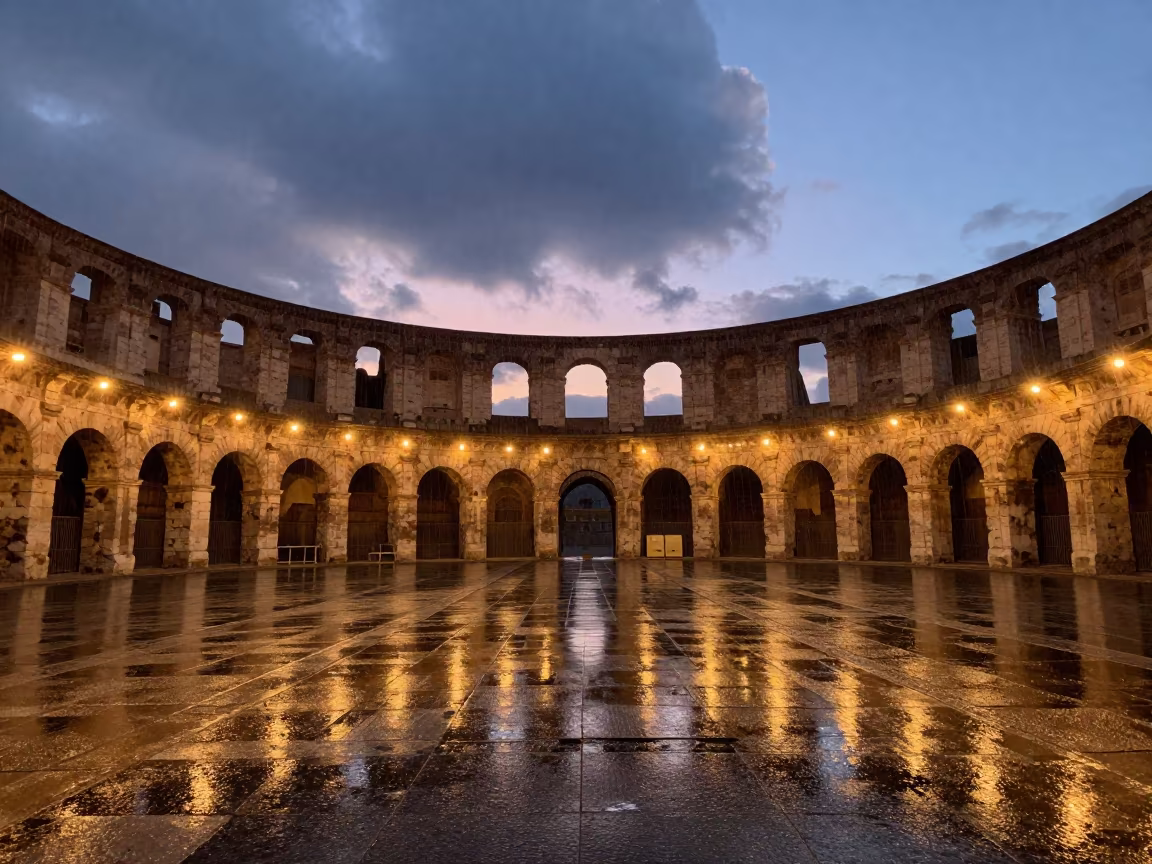 Roman Arena Twilight Glow String Lights in inside a vaulted atrium near Ica