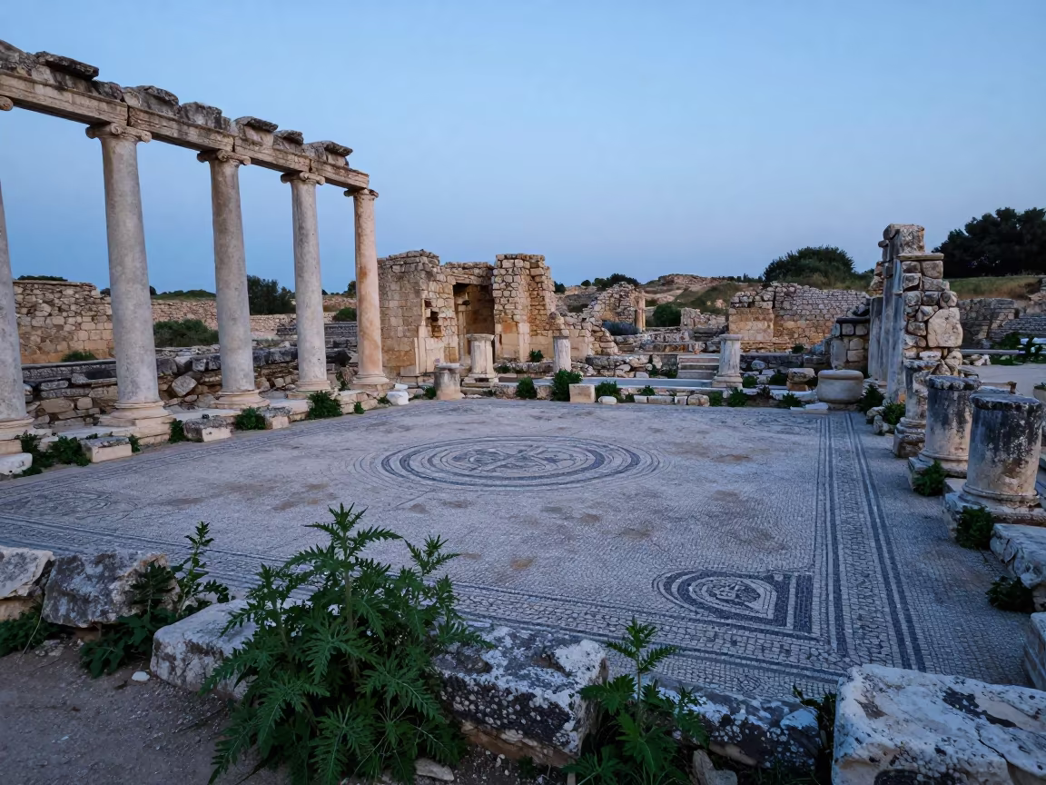 Roman Bath Mosaic Ruins Cyprus Evening in among toppled columns and nettles in Cyprus