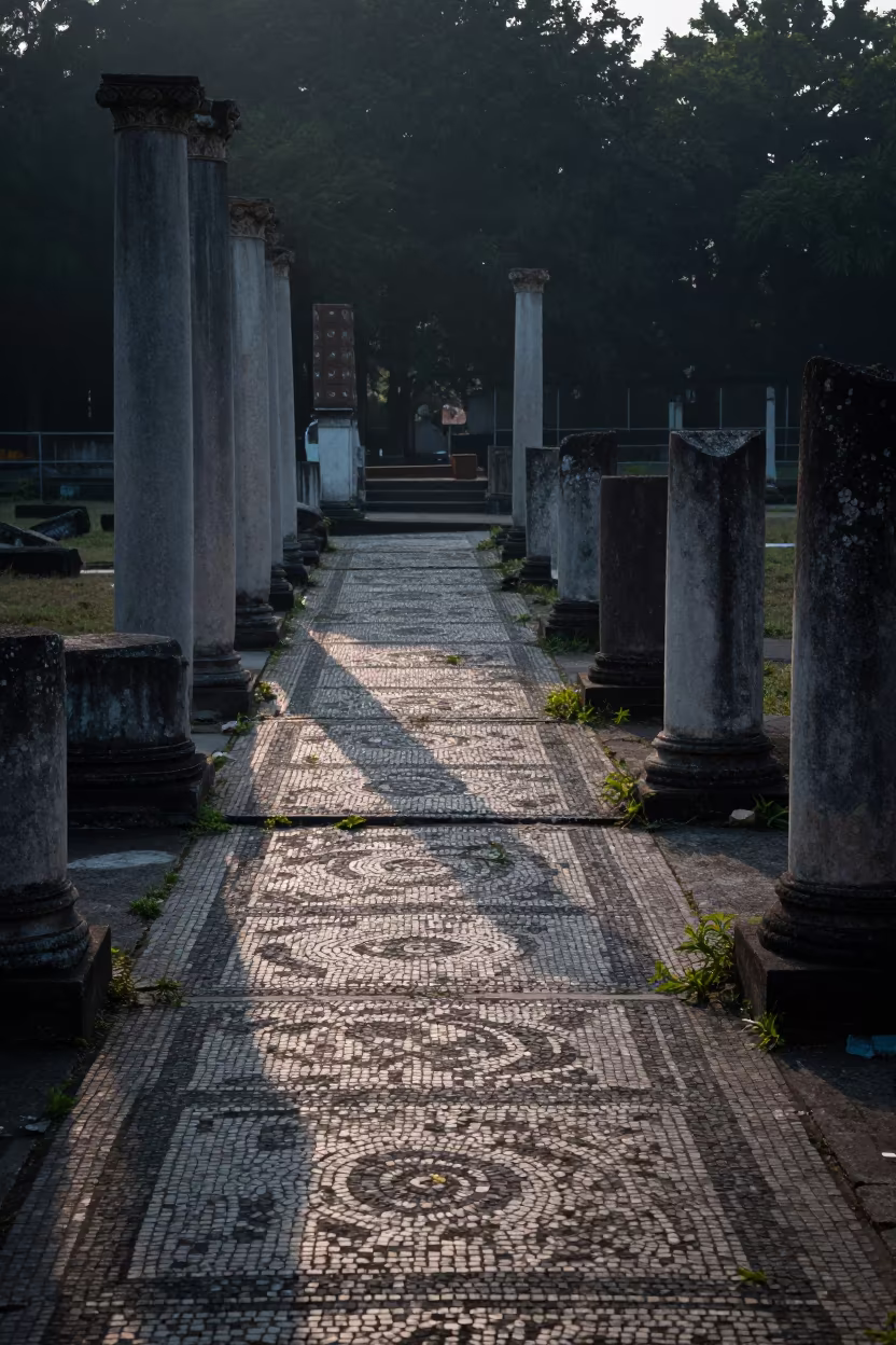 Roman Bath Ruin With Mosaic Floor Malaysia in among toppled columns and nettles in Malaysia