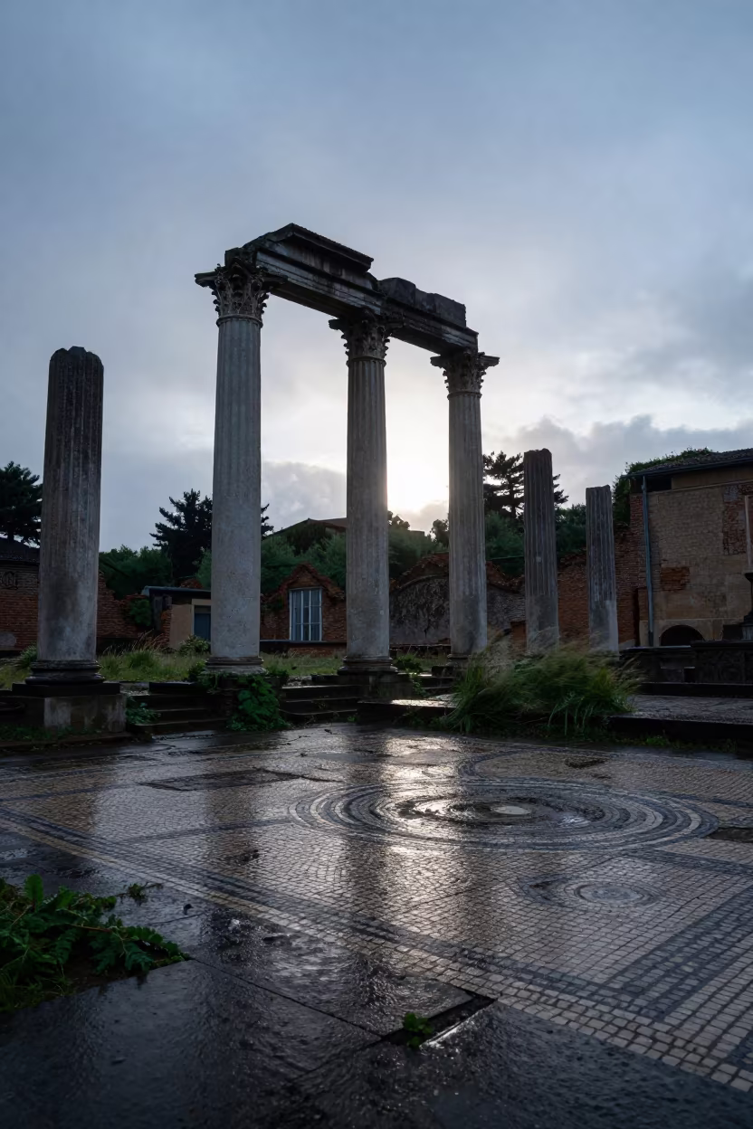 Roman Bath Ruin Mosaic Silhouette Twilight Monsoon in among toppled columns and nettles near Portmore
