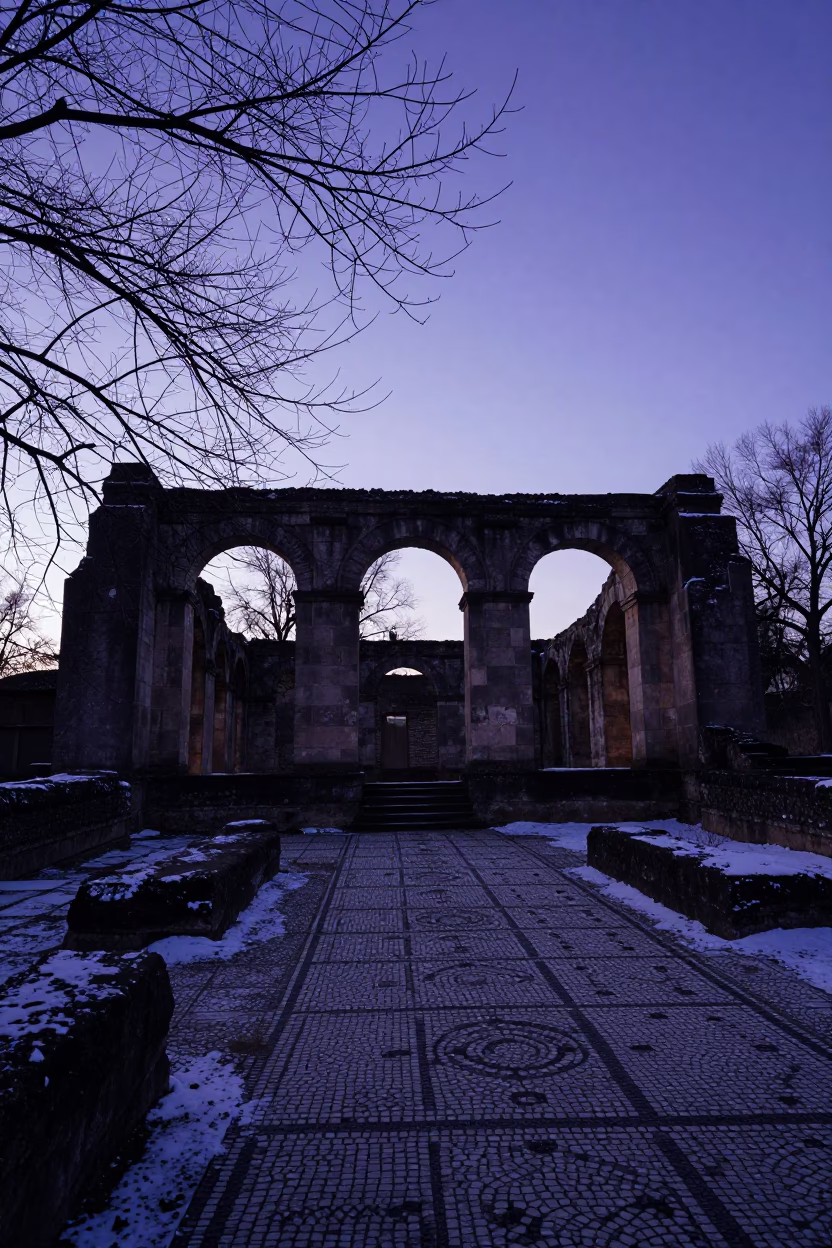Silhouetted Roman Bath Ruin in Slovak Winter Twilight in in Slovakia