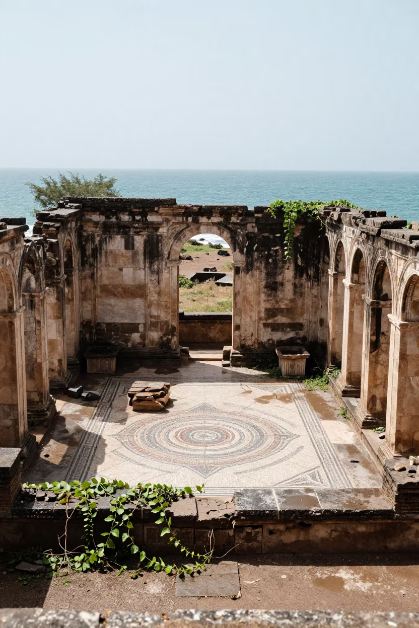 Roman Bath Ruins Mosaic Floor Eritrea Monsoon in among collapsed cloisters in Eritrea