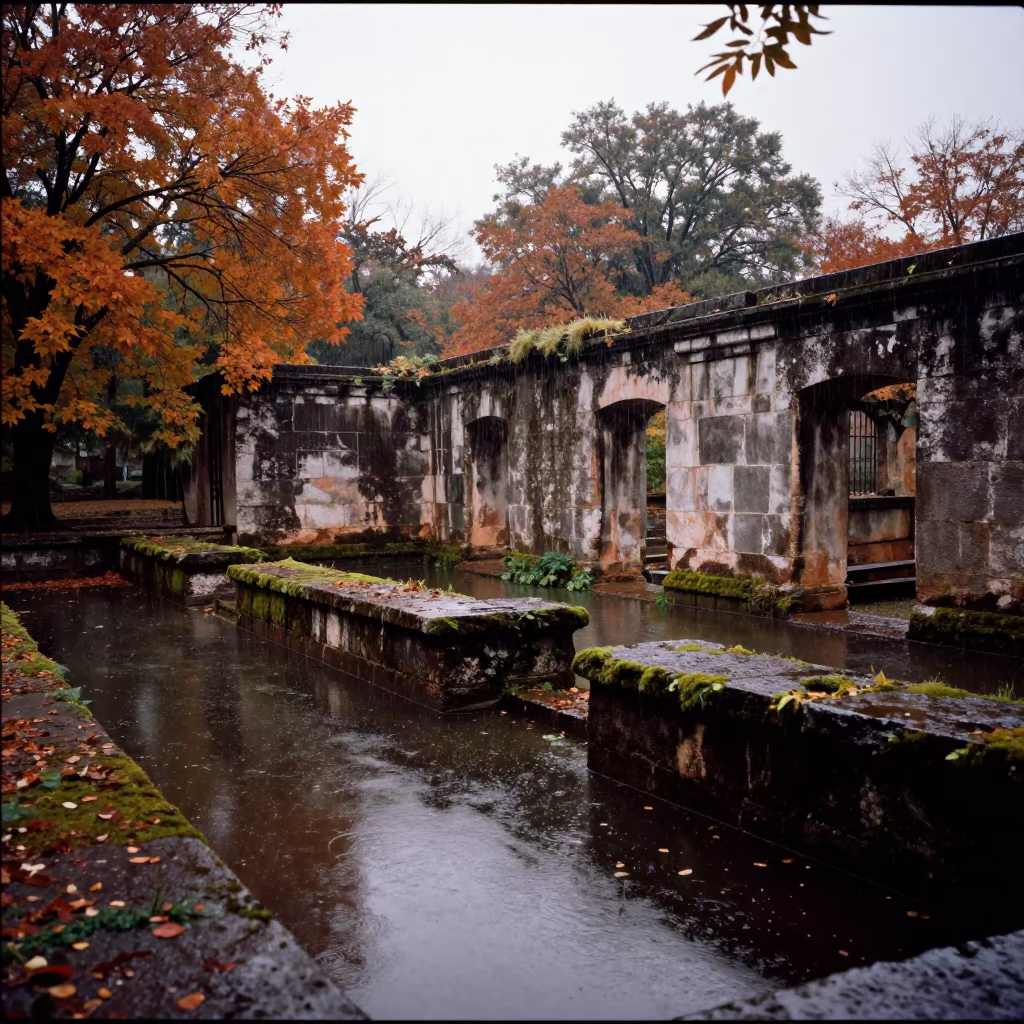 Roman Bathhouse Ruin Under Autumn Drizzle in in Argentina