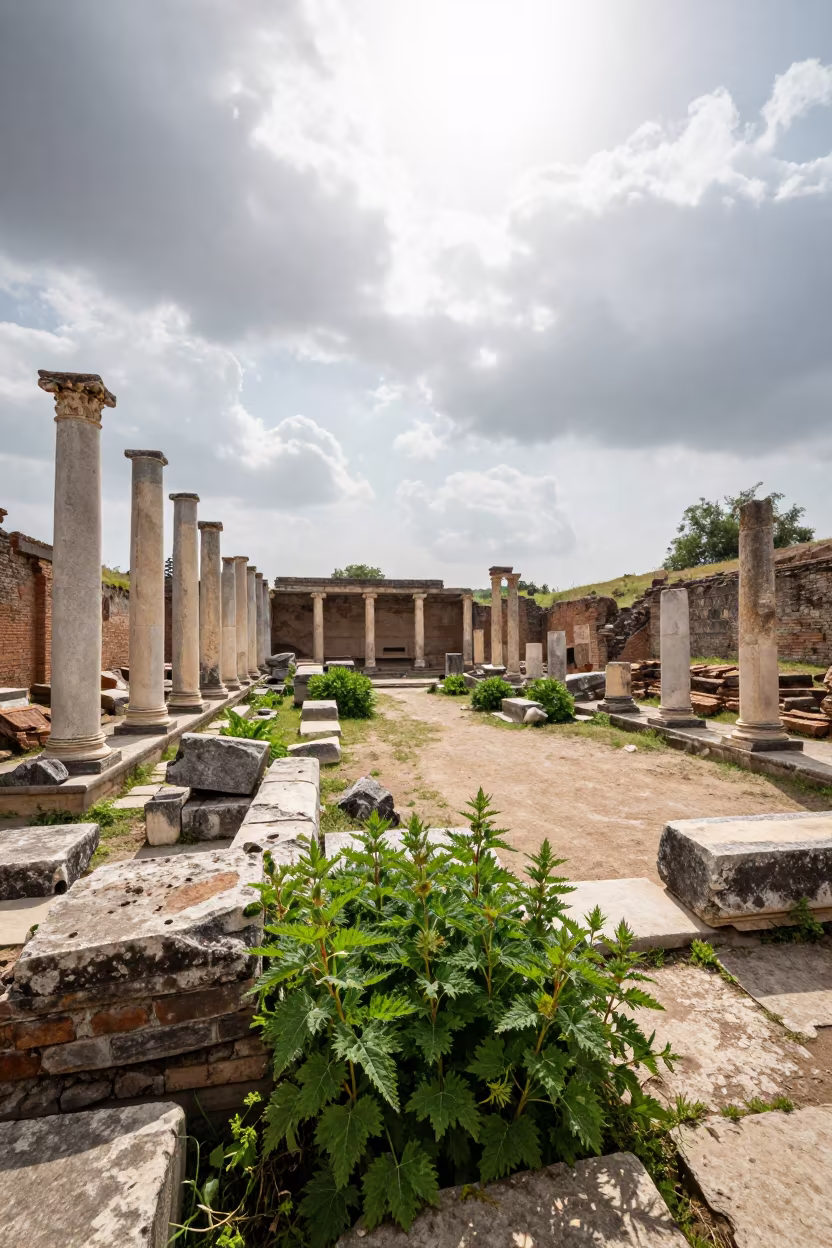 Roman Bathhouse Ruins Among Nettles in Uttar Pradesh in among toppled columns and nettles in Uttar Pradesh