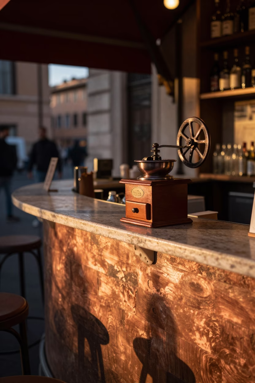 Roman Cafe Counter in Rome at Copper-toned Light Before Dusk in in Rome, Italy