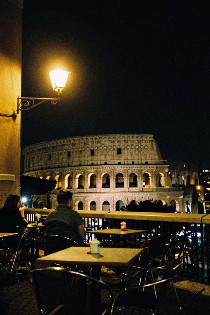 Roman Cafe Terrace at The Deepest Night Sky Light in Rome in in Rome, Italy