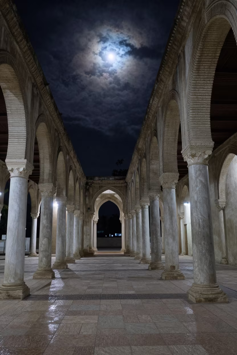 Roman Colonnade in Kismayo Monsoon Night in inside a ribbed concrete lobby in Kismayo