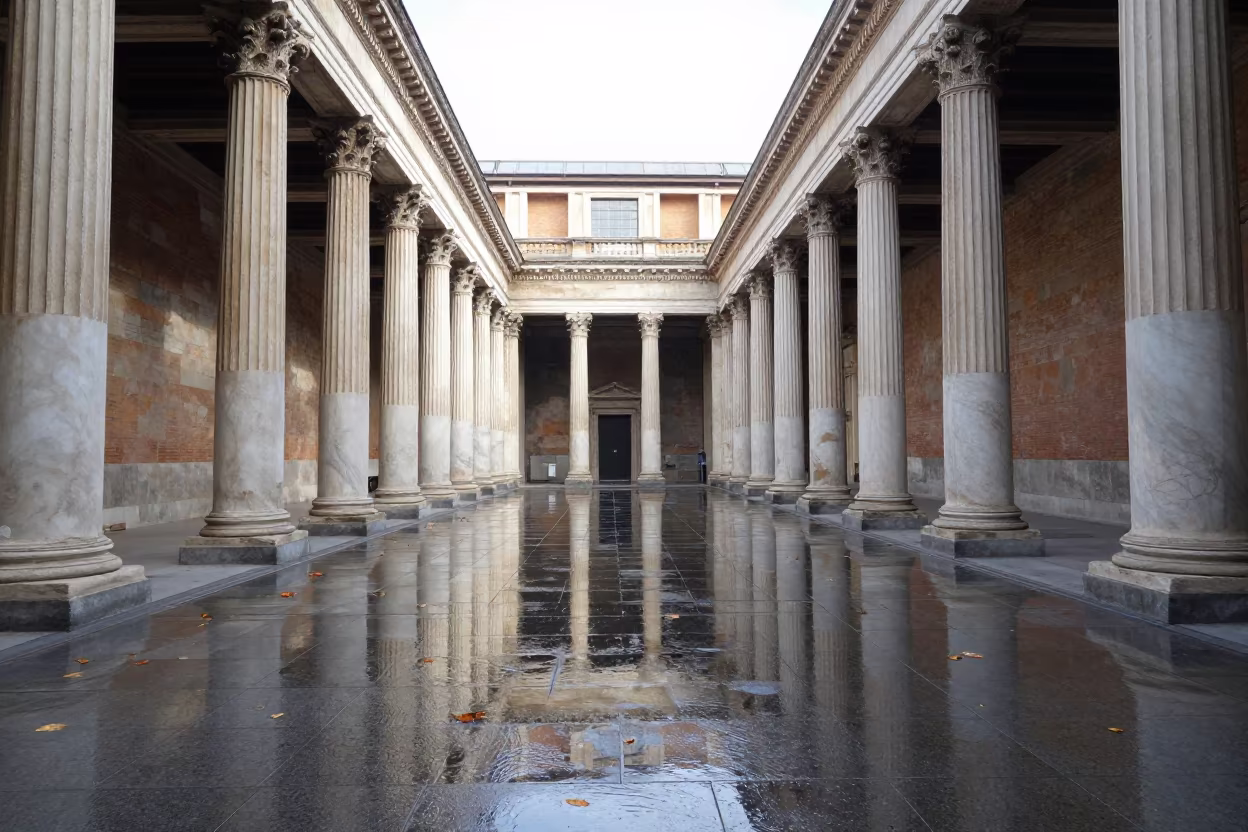 Roman Colonnade Reflected in Carlton Melbourne Atrium in inside a vaulted atrium in Carlton, Melbourne