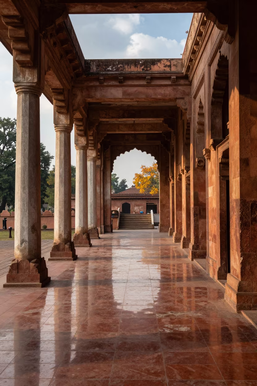 Roman Colonnade Reflected in Ghaziabad Stair Hall in inside a tiled stair hall in Ghaziabad