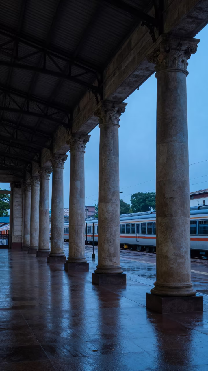 Roman Columns in Bucaramanga Train Terminal Evening in inside a restored train terminal in Bucaramanga