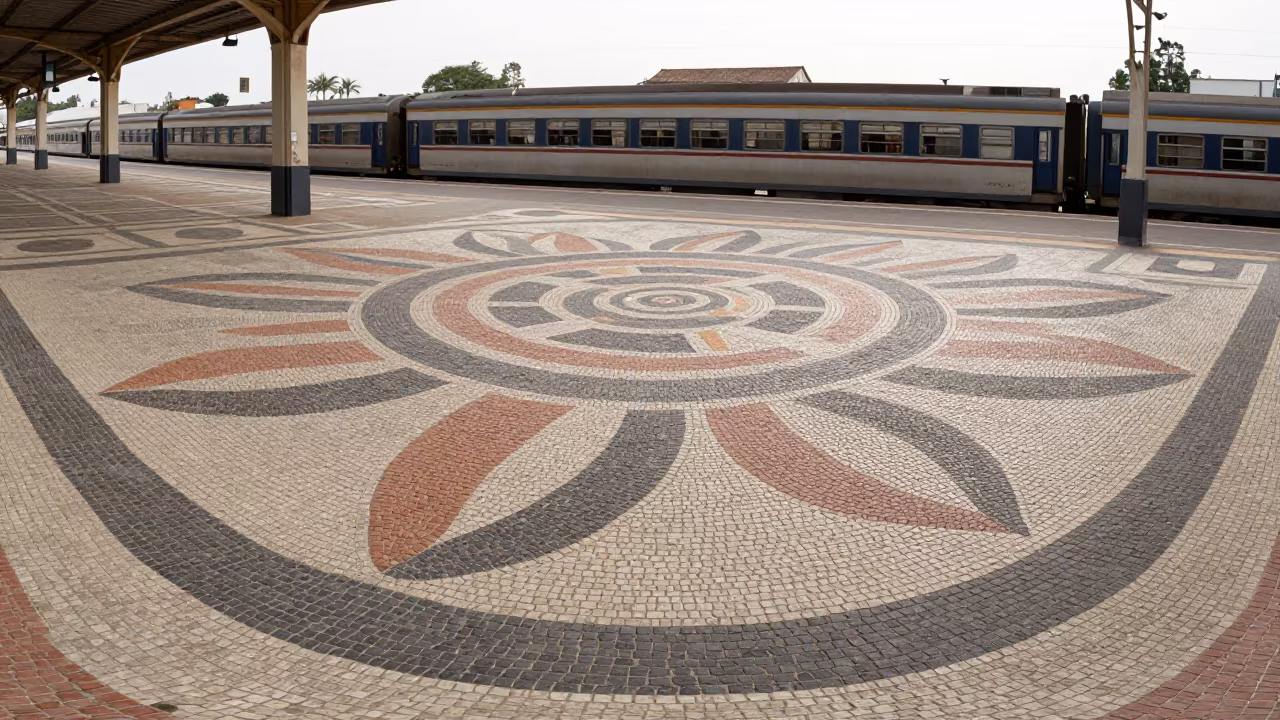 Roman Floor Pattern in Cabinda Terminal in inside a restored train terminal near Cabinda