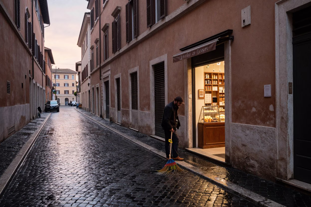 Roman Shopkeeper Sweeping Wet Cobblestones in Morning Light in in Rome, Italy